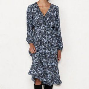 Lauren Conrad Balloon Sleeve Midi Wrap Dress Blue Brush Print Size XL NWT